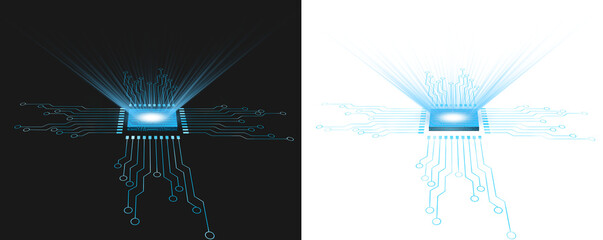 microchip with circuit line blue with light spot futuristic design transparent background