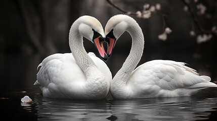 Two White Swans Swimming on the Water Together. Their Necks Form a Heart