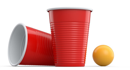Set of plastic party cup for college ping pong game on white background.