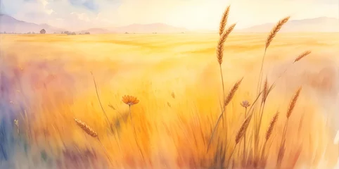 Fotobehang Beautiful wheat field. Watercolor landscape. AI generated illustration © vector_master