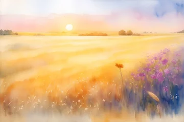 Gartenposter Beautiful wheat field. Watercolor landscape. AI generated illustration © vector_master