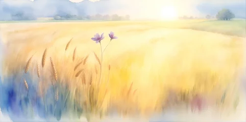 Foto auf Acrylglas Beautiful wheat field. Watercolor landscape. AI generated illustration © vector_master