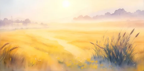 Rolgordijnen Beautiful wheat field. Watercolor landscape. AI generated illustration © vector_master