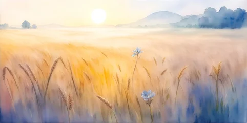 Gartenposter Beautiful wheat field. Watercolor landscape. AI generated illustration © vector_master
