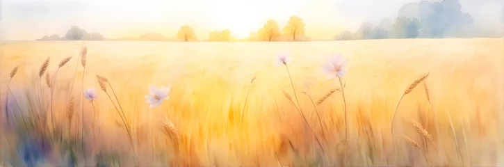 Tuinposter Beautiful wheat field. Watercolor landscape. AI generated illustration © vector_master