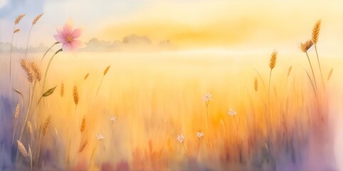 Obraz na płótnie Canvas Beautiful wheat field. Watercolor landscape. AI generated illustration