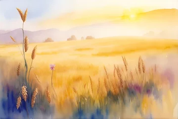 Foto op Aluminium Beautiful wheat field. Watercolor landscape. AI generated illustration © vector_master