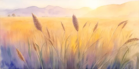 Plexiglas foto achterwand Beautiful wheat field. Watercolor landscape. AI generated illustration © vector_master