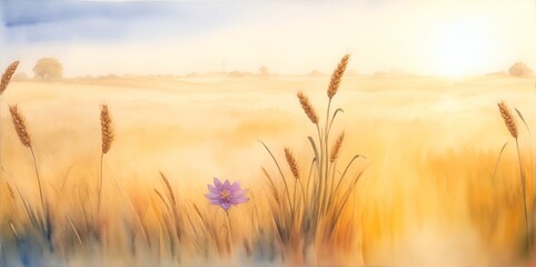 Fototapeta premium Beautiful wheat field. Watercolor landscape. AI generated illustration