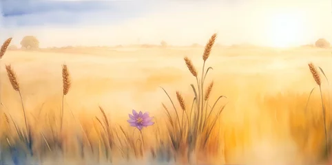 Foto op Plexiglas Beautiful wheat field. Watercolor landscape. AI generated illustration © vector_master