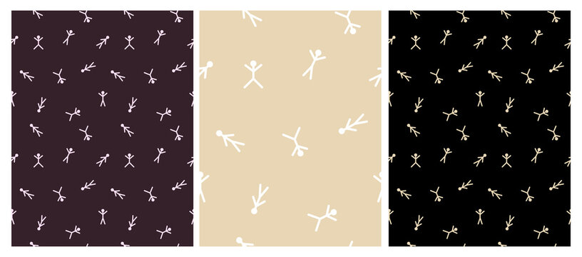 Irregular Seamless Vector Patterns with Abstract Cartoon Human Fugures Isolated on a Black, Beige and Dark Plum Color Background.Simple Repeatable Print with Hand Drawn Stick Figures ideal for Fabric.