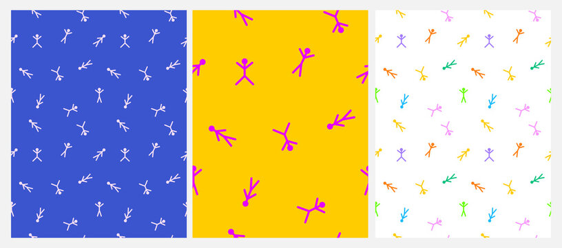 Irregular Seamless Vector Patterns with Abstract Cartoon Human Fugures Isolated on a Blue, Yellow and White Background. Simple Colorful Repeatable Print with Hand Drawn Stick Figures ideal for Fabric.