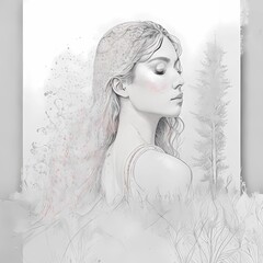Leaf line art with boho abstract female character painting. Generative artificial intelligence
