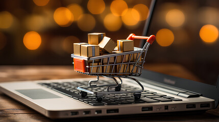 Shopping cart with gift boxes on laptop keyboard. Online shopping concept. - Powered by Adobe