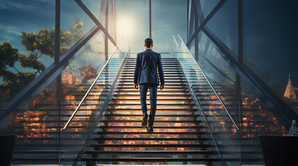 young businessman standing on stairs and looking at city