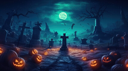 Gothic Pumpkin in a Spooky Graveyard at Night Concept of Holiday Event Halloween - obrazy, fototapety, plakaty