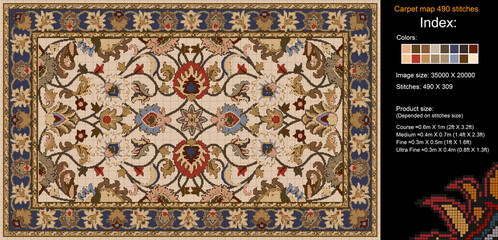 Colorful carpet pattern for knitting cross stitch, carpet, rug, fabric, knitting, etc., with mosaic squares and grid guidelines. 490 stitches. Read the index to learn the details.