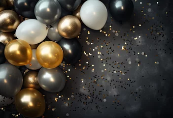 Poster design, gift, balloon, gold, anniversary, birthday, christmas, decoration, event, greeting. anniversary party is coming to celebrate. luxury decoration, black and gold balloon put in background. © Day Of Victory Stu.