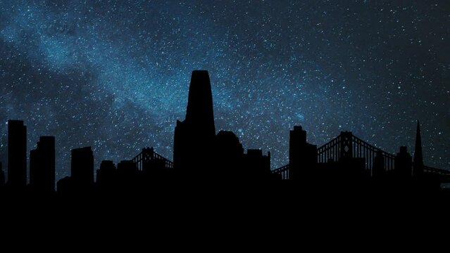 San Francisco Bay with Oakland Skyline, Time Lapse by Night with Stars and Milky Way in Background, California, USA