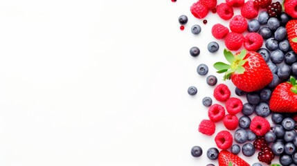 top view of fresh fruits, vegetables and berries on white background