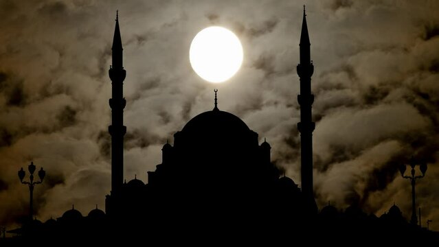 Sharjah Mosque By Night with Dark Atmosphere, Fog, Smoke, and Full Moon, United Arab Emirates