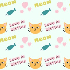 children's pattern of kitty hearts for fabric, packaging, toys. Happy cats with pink hearts and text. Fashion abstract seamless pattern with cat. Cat care equipment seamless pattern in handdrawn stylе