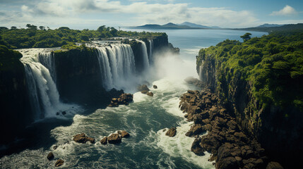 Top View of a Beautiful Waterfall and Natural River Floating Through Mountains