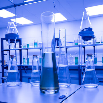 Laboratory glassware with blue liquid, science research and development concept, AI Generative