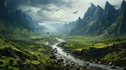 Obraz premium River Flowing in a Canyon Between Two Green Top Cliffs in The Valley