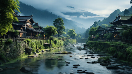 Fototapeta na wymiar River Floating Through Chinese Ancient Village Foggy Mountains