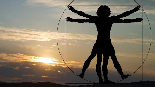 Vitruvian man Drawing of Leonardo da Vinci, Time Lapse at Sunrise with Copy Space and Colorful Clouds in Background