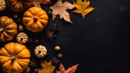 Pumpkins, star anises, nuts and maple leaves, fall harvest on black background, top view, Thanksgiving and Halloween autumn background with copy space.
