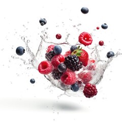 Berries falling into splash on white background