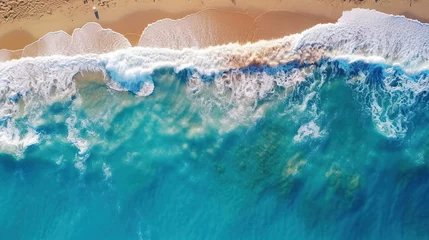 Schilderijen op glas Top View of Yellow Sand Beach Seashore Surrounded by Crystal-Clear Turquoise Waves © Image Lounge