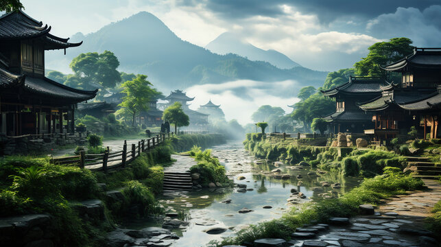 River Floating Through Chinese Ancient Village Foggy Mountains and Agriculture Field