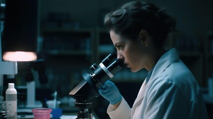 Fototapeta na wymiar Female scientist wearing in medical coat and protective gloves conducting research investigation in a laboratory using a microscope. Research scientist looks at the chemical and biological reaction