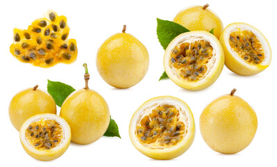set of ripe yellow passionfruit with tasty pulp and leaves isolated on white background. - obrazy, fototapety, plakaty