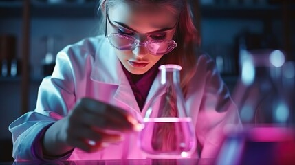 Student of the faculty of biology and chemistry or female young scientist conducts experiment with test tube and pink liquid. Laboratory for the study of virus bacteria and infection. Research