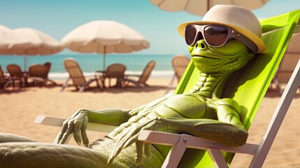Green Alien Tourist on Vacation: Hilarious Drunk Alien Enjoying Leisure and Cheap Travel - obrazy, fototapety, plakaty