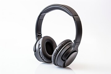 Fototapeta na wymiar New Wireless Black Headphones Side View Isolated on Clean White Background - Plastic Earphones,