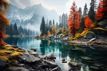 Fotobehang Misty Autumn Colors in Alpine Forest: A Serene View of an Alpine Lake in Italy's Colorful Fall Environment © AIGen