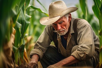 Portrait of Senior and Experienced Farmer Inspecting Health of Corn Crops in Agricultural Field