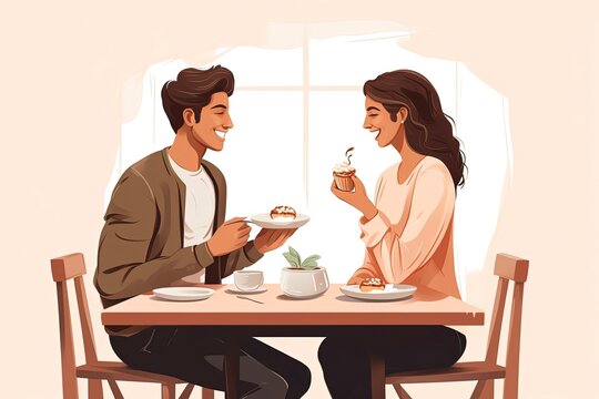Smiling Couple Enjoying Delicious Dessert at a Cafe in Casual Attire. Refreshing Image of Attractive Humans Relishing at Eatery