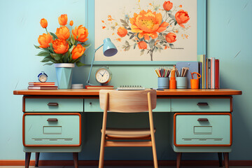 Illustration of a table full of school supplies and decorations.