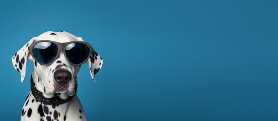 A portrait of a funky dalmatian dog wearing sunglasses and a collar on a seamless blue background, copy space for text.