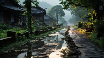 Fototapeta na wymiar Mud Path of Chinese Ancient Village Foggy Mountains and Old Traditional Houses