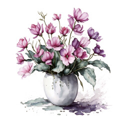  Vase of cyclamen clipart white background illustration created with AI generative technology tools