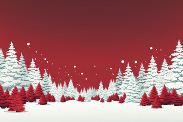 A Christmas card background image featuring a snowy forest against a vibrant Christmas red backdrop. Illustration