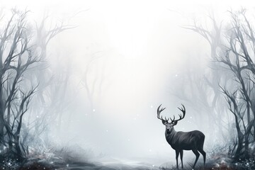 A Christmas background image for creative content capturing a contemplative reindeer gazing in a tranquil, snowy, and foggy forest. Photorealistic illustration