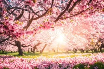 Fototapeten Pink cherry blossom tree with blue sky Beautiful nature scene with blooming tree and sun flare. Easter Sunny day. Spring flowers.  © Mahreen